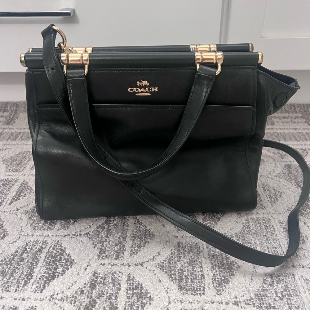 Coach Black Leather Shoulder Bag with Gold Accents